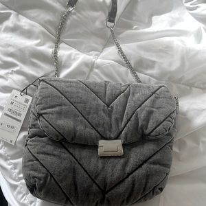 - *Brand New* ZARA- quilted denim shoulder bag in acid wash black denim.